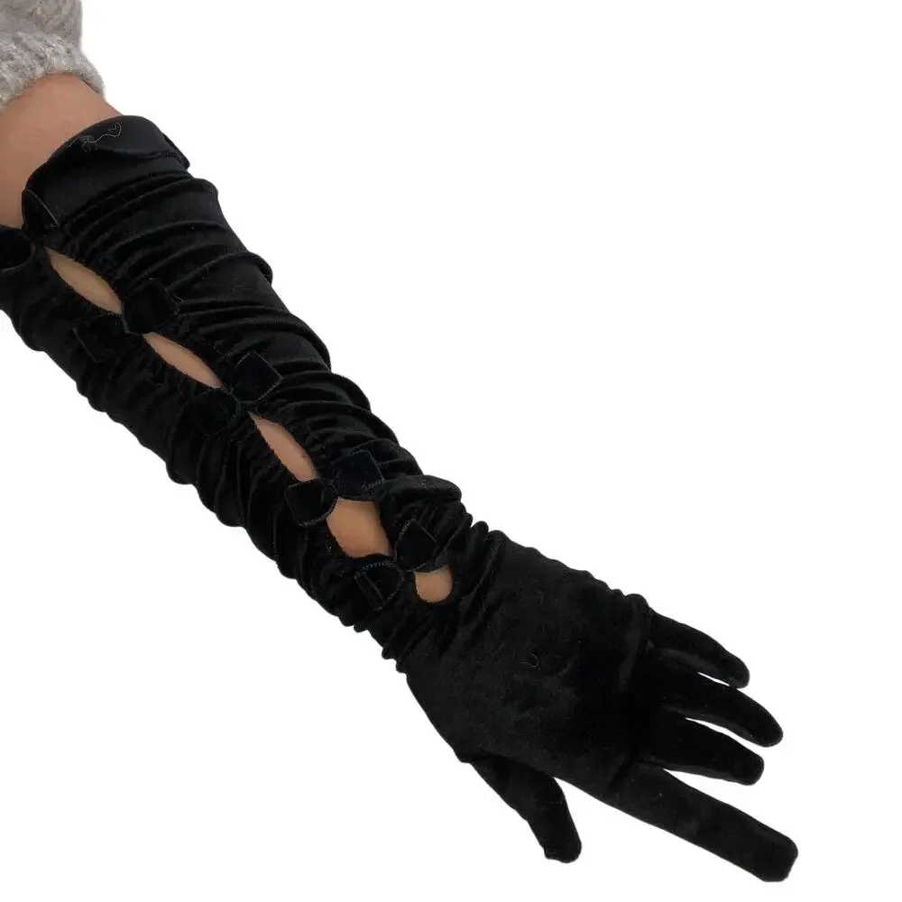 Cornelia James Stretch Velvet Long Black Gloves Bow Details Vintage Dollette