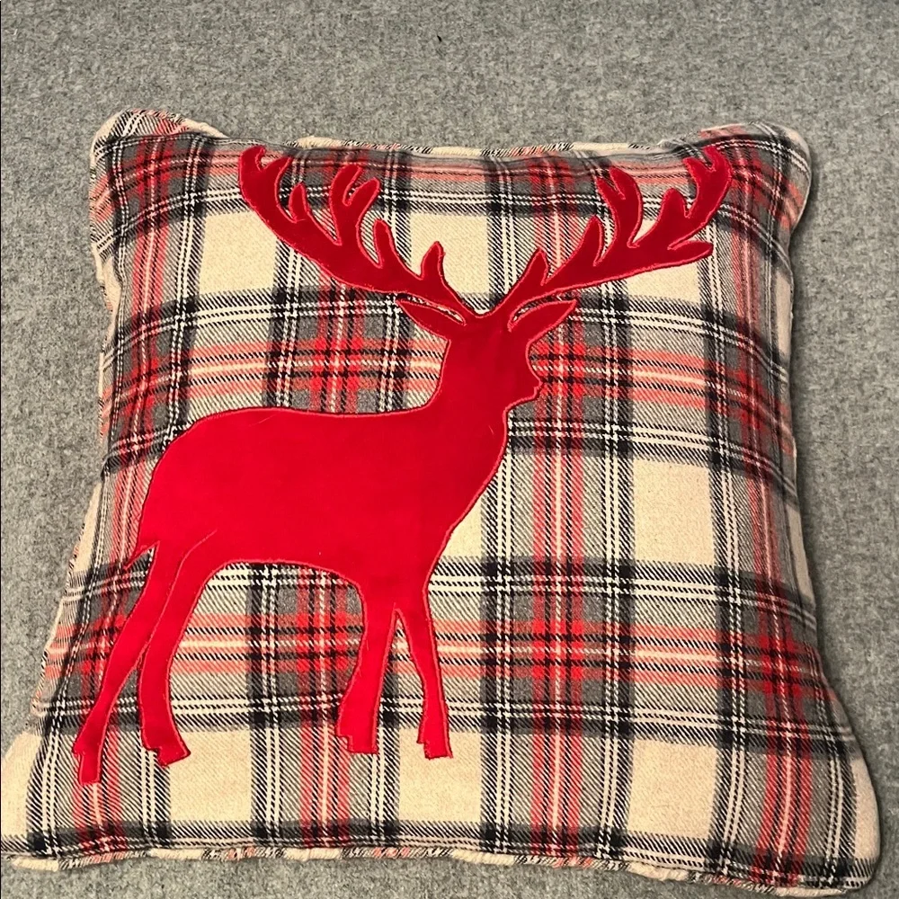 Wool plaid accent holiday red velvet reindeer reversible 20” throw pillow cover