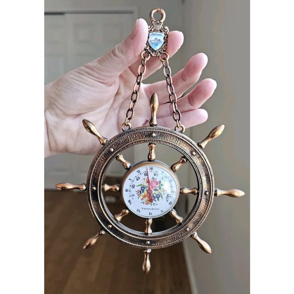 VTG Decorative Ship's Wheel Thermometer with Floral Dial and 