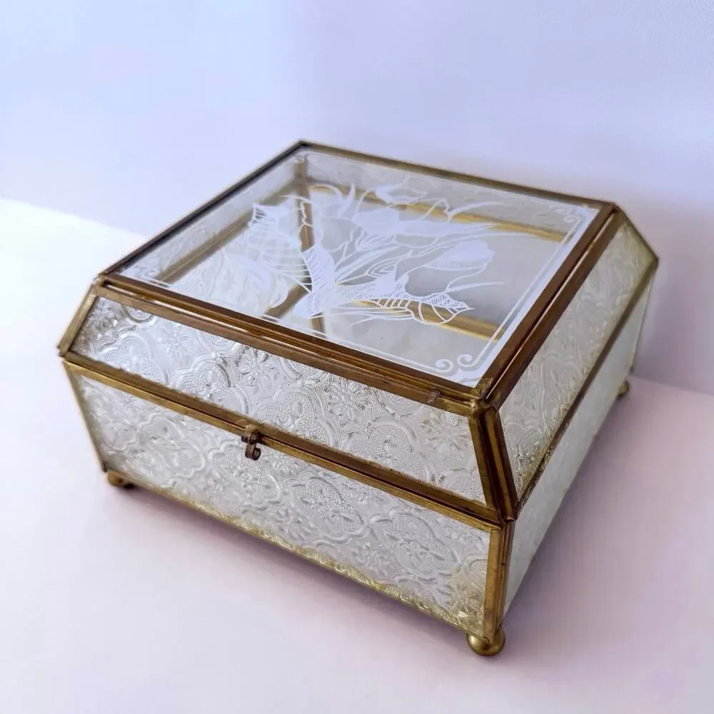 Vintage Brass Glass Box Mirror Floral Textured Side Footed Chain Latch 7 x 6 x 4