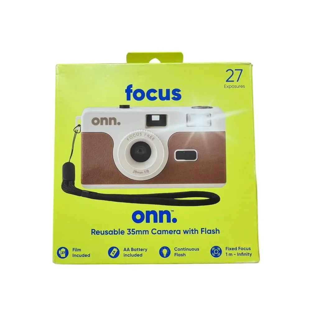 onn. Focus Reusable 35mm Camera with Flash + Film + Battery Included - Brown