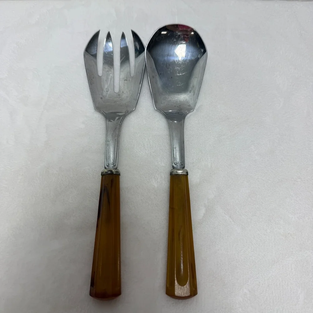 VTG Butterscotch Amber Marbled Salad Serving Set Fork and Spoon MCM Retro Farm