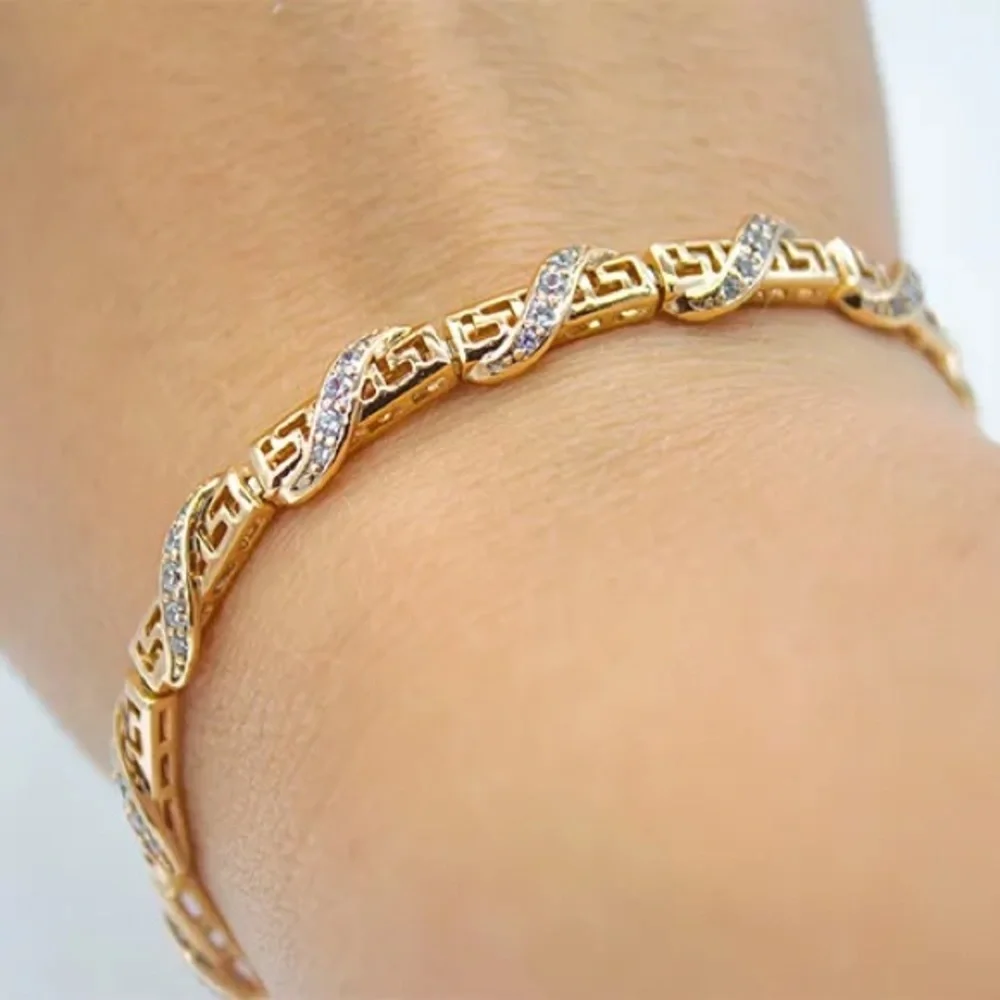 14K Gold Plated Greek Key Bracelet w/ Pavé Zirconia Wrap Detail | Luxury Jewelry