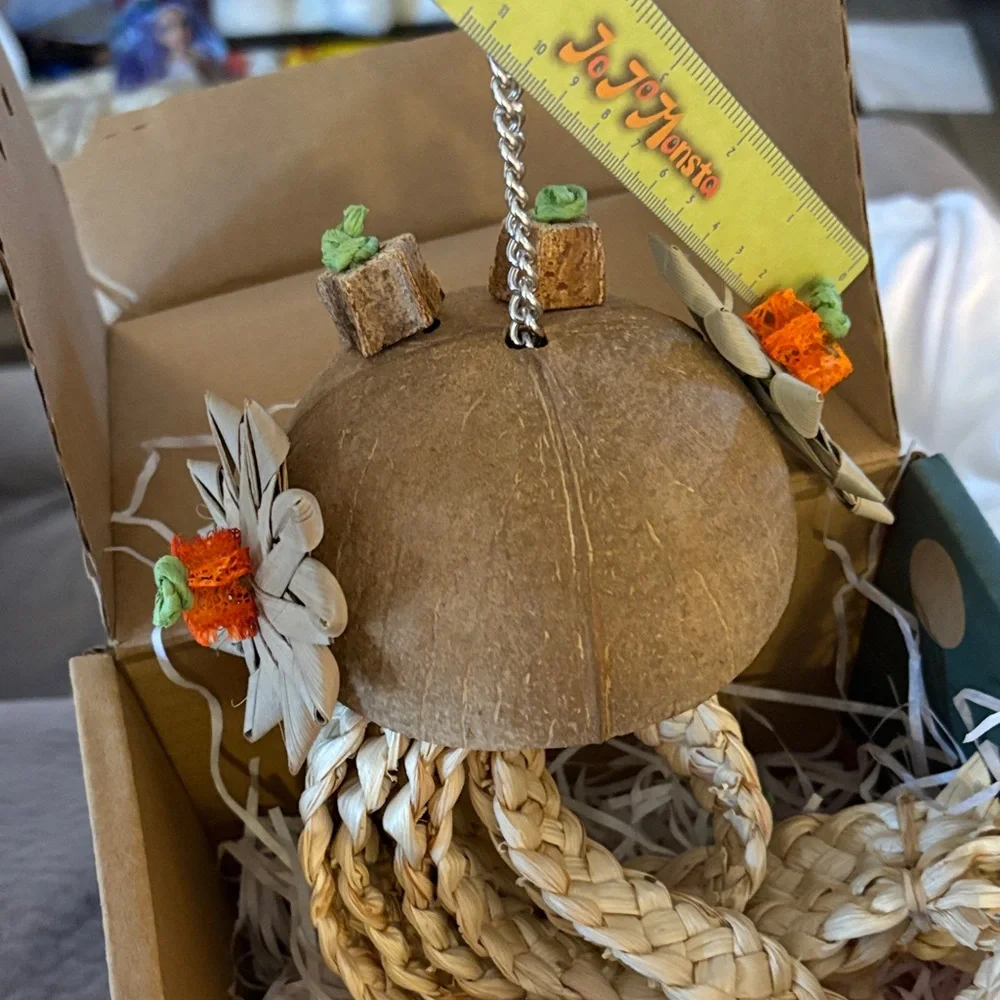 Natural Coconut Bird Toy with Orange Accents