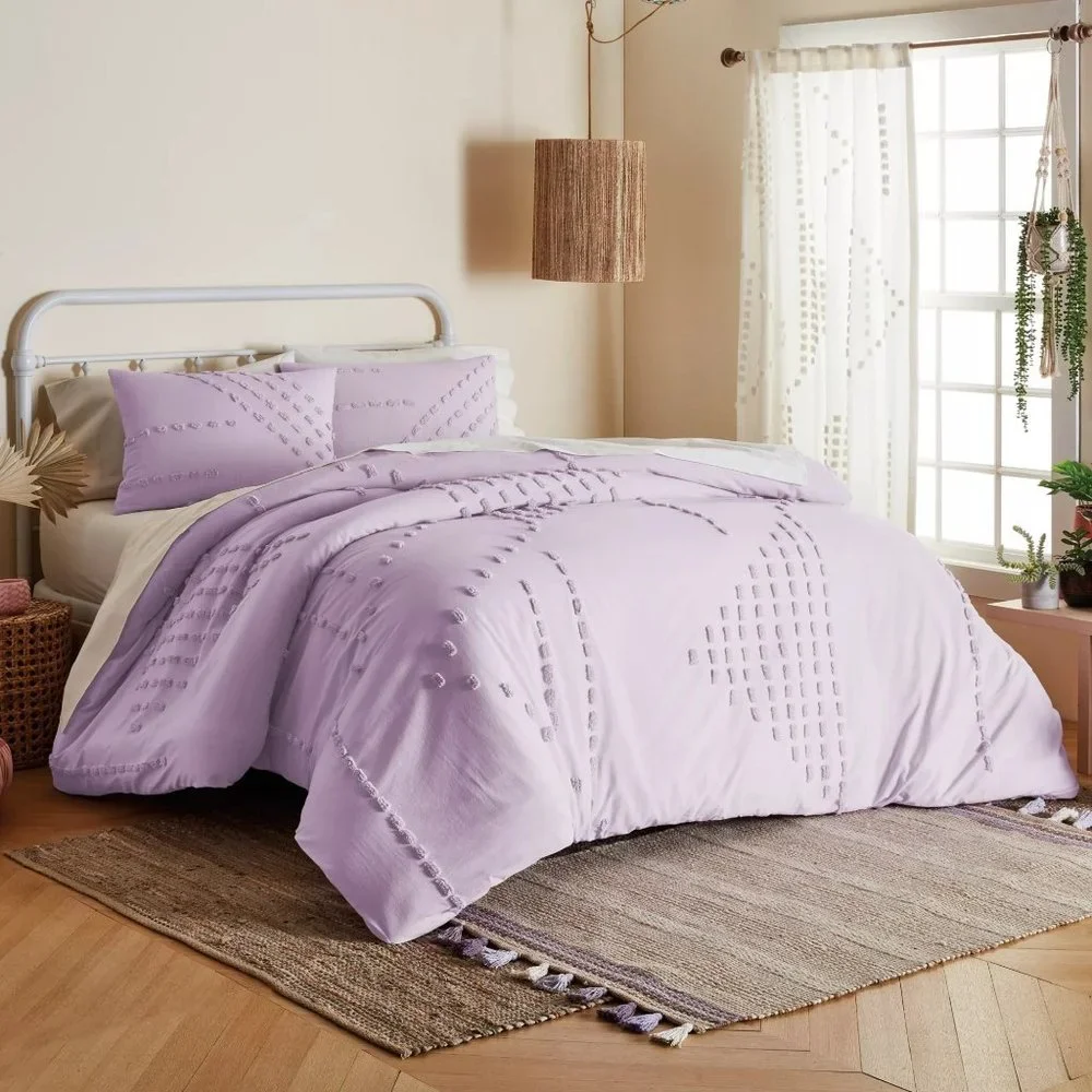 new 3-pc QUEEN Wild Sage Michaela Tufted Triangles Duvet Cover Set IRIS LAVENDER