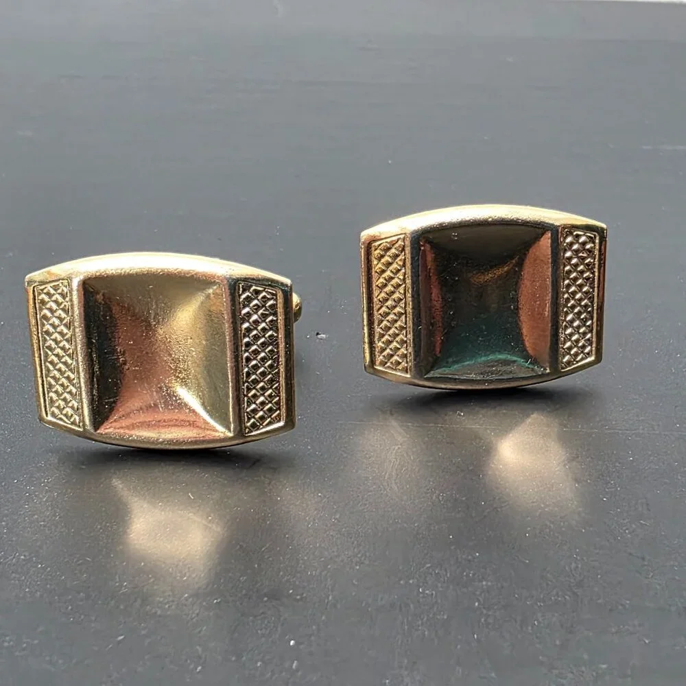 Vintage Rectangular Gold Tone Cufflinks Textured Geometric Mid Century Formal