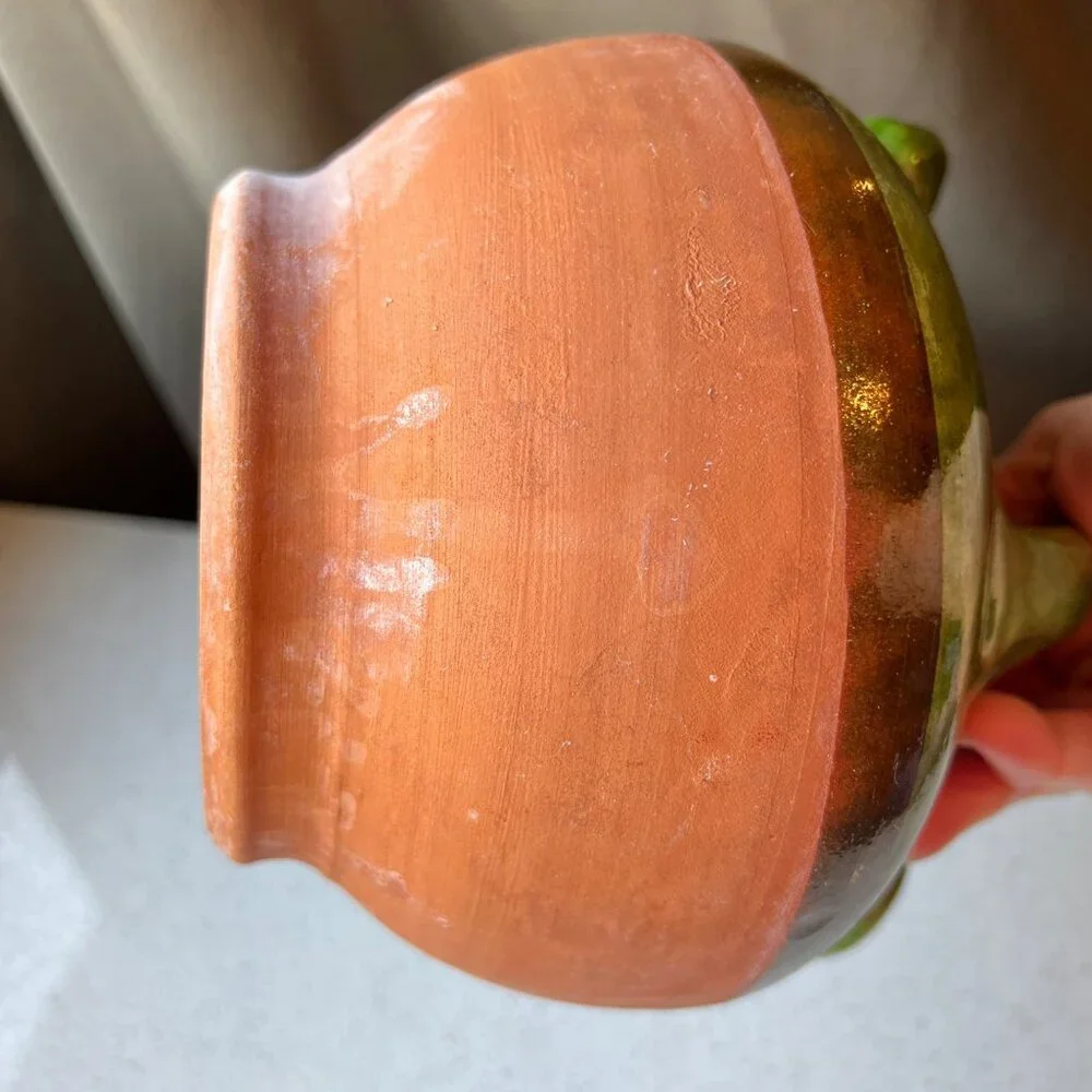 Handcrafted Green Glazed & Terracotta Clay French Gargoulette Confit Oil Jug