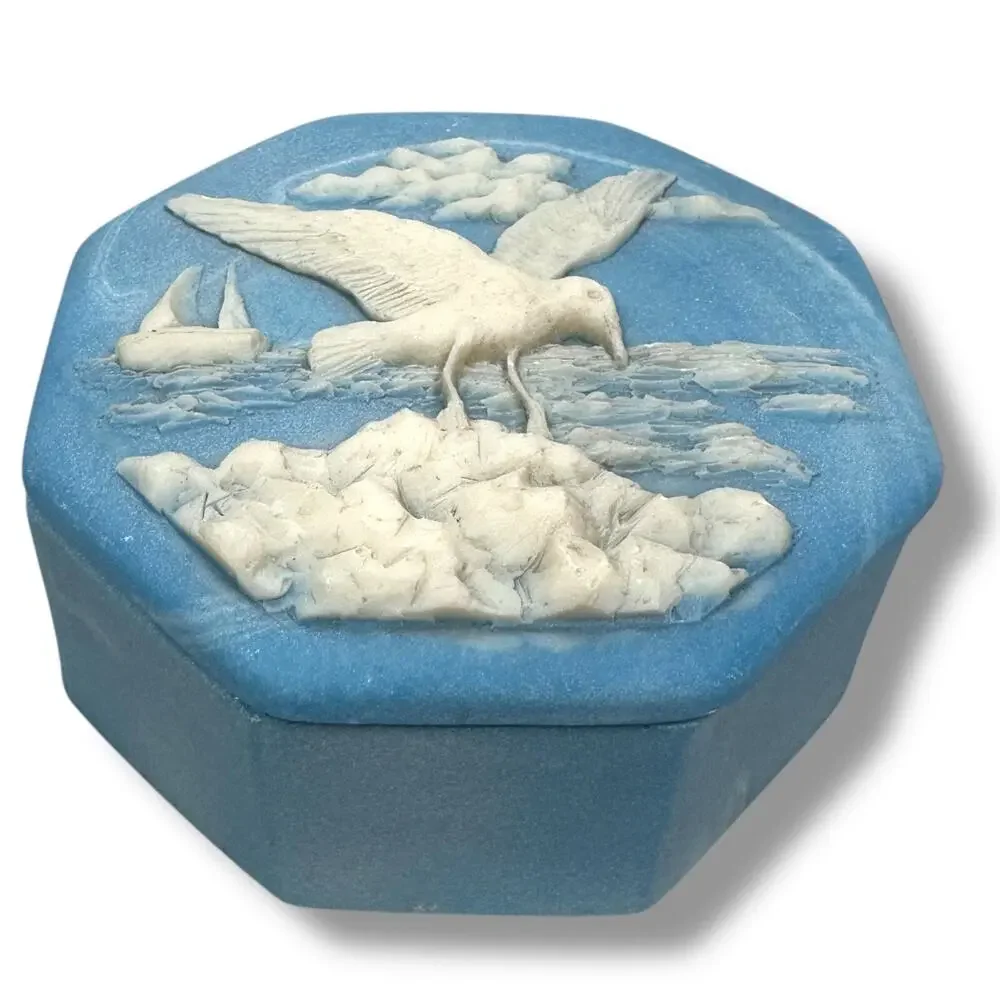 Vintage Incolay‎ Trinket Box w/ Lid Seagull Sailboat Jewelry Box Jasperware Blue