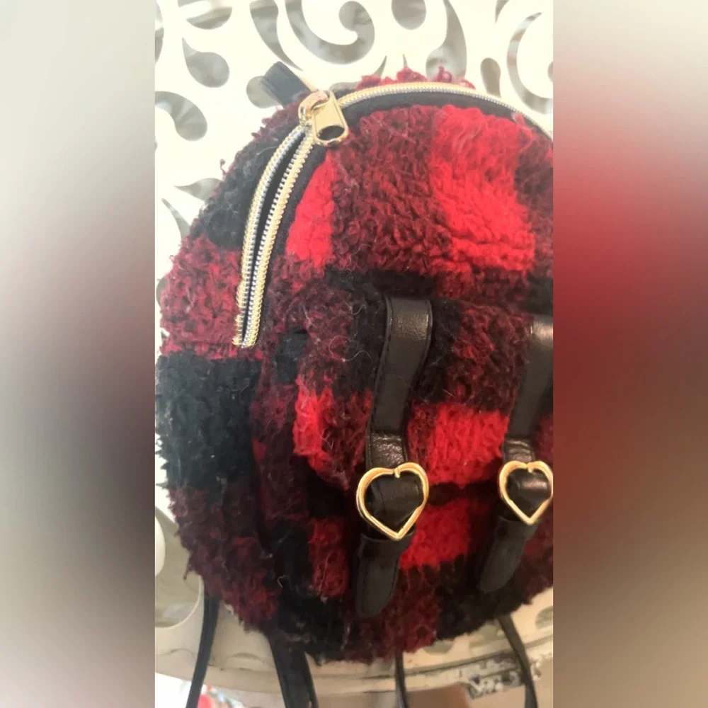 Red and Black Check Mini Backpack - Heart Buckle Accent