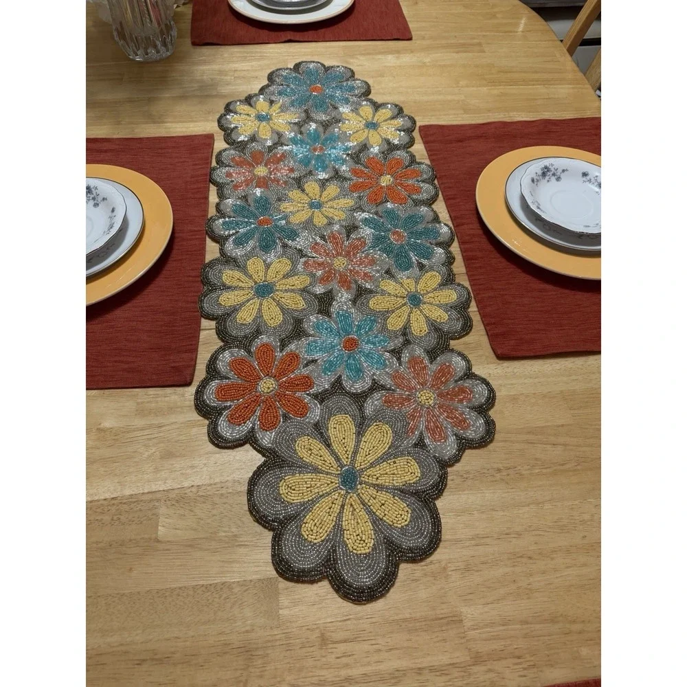 World Traveler India Hand Beaded Table Runner 13x36 Floral Boho Retro