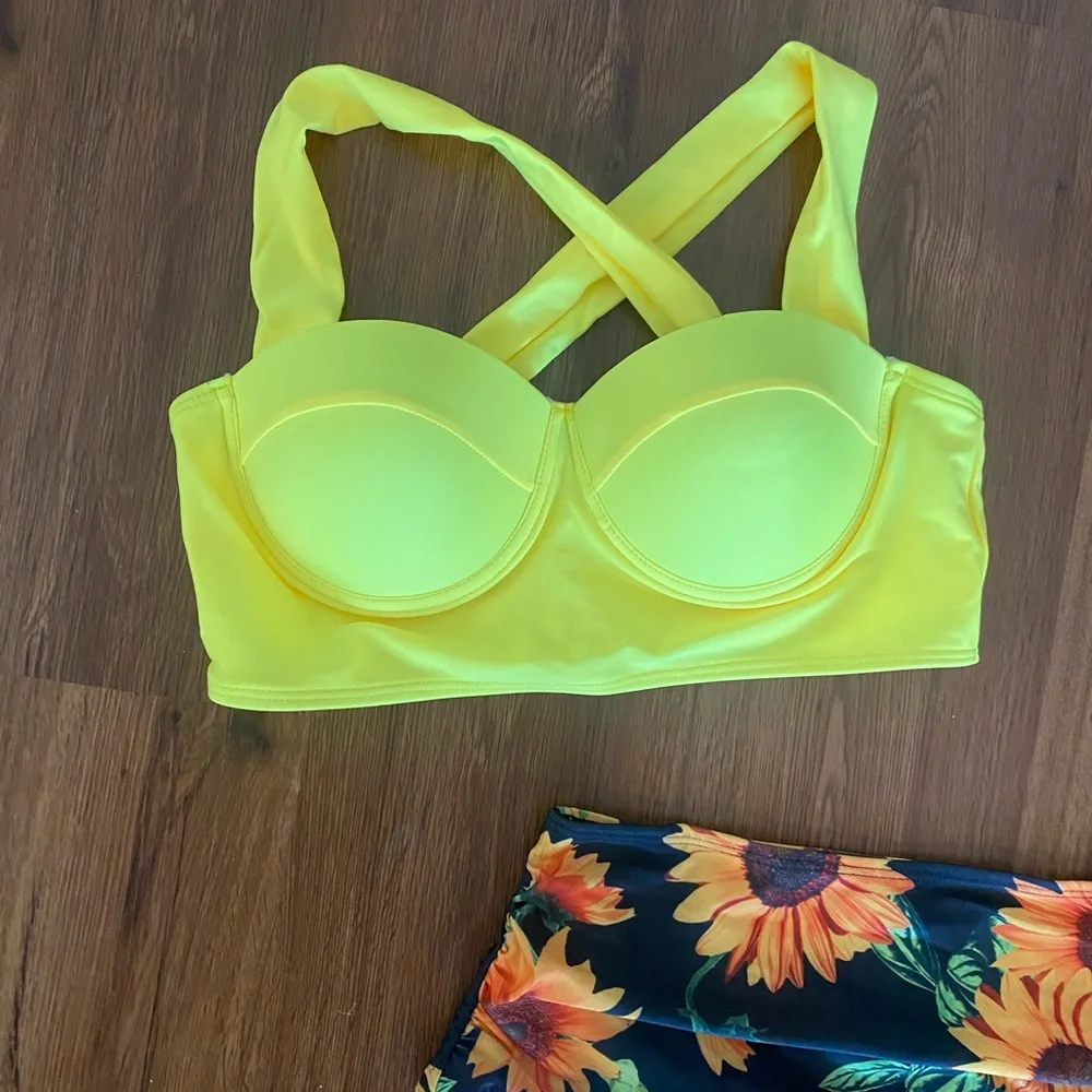 Sunflower Bikini Swimsuit Size Small black yellow bustier padded full high waist