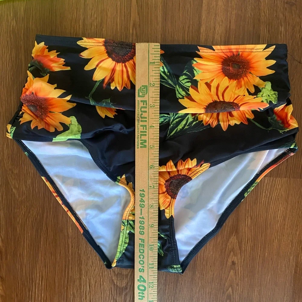 Sunflower Bikini Swimsuit Size Small black yellow bustier padded full high waist