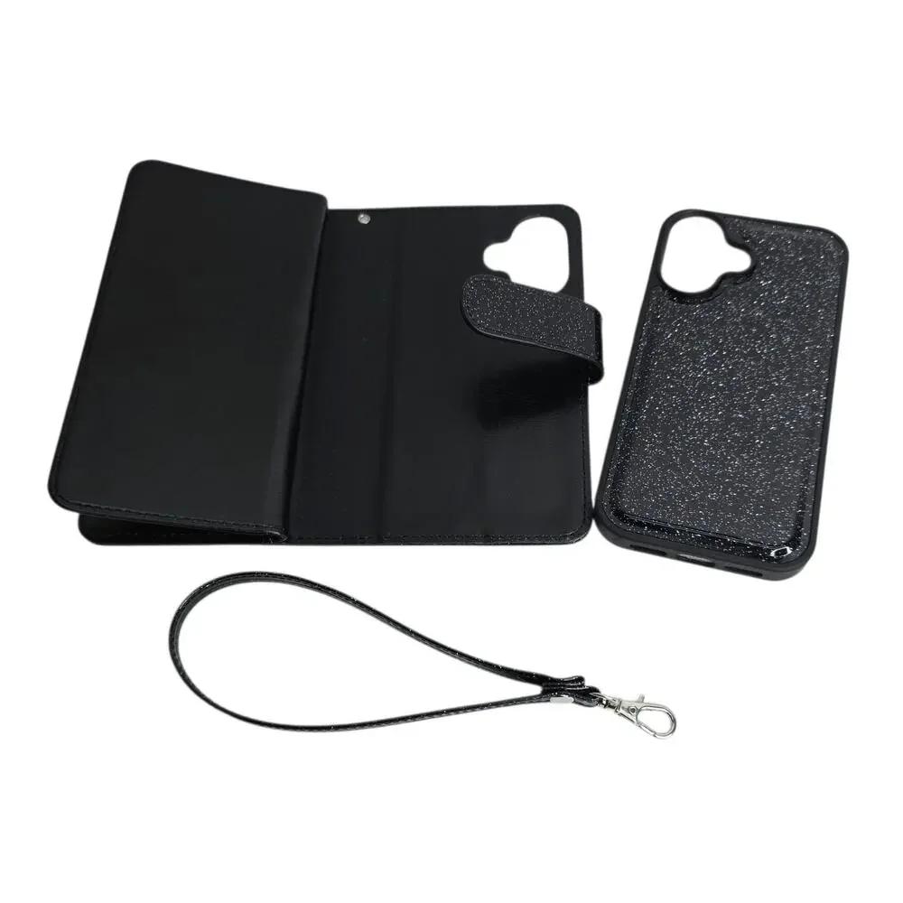 iPhone 16 Pro Black Glitter Phone Case With Detachable Wallet with Card Holder