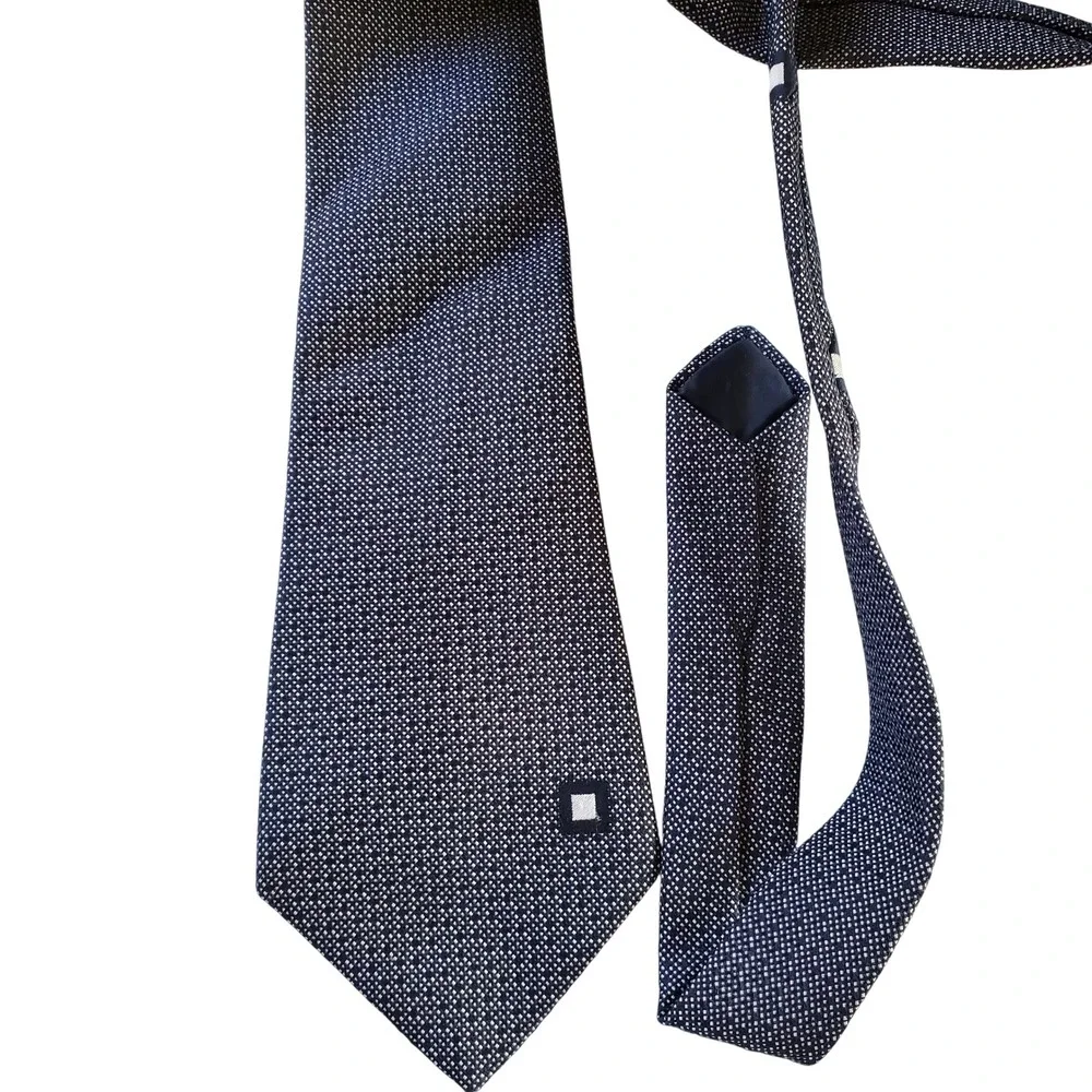 St Michael Mens Navy Blue White Micro Pattern Textured Polyester Tie Made in UK