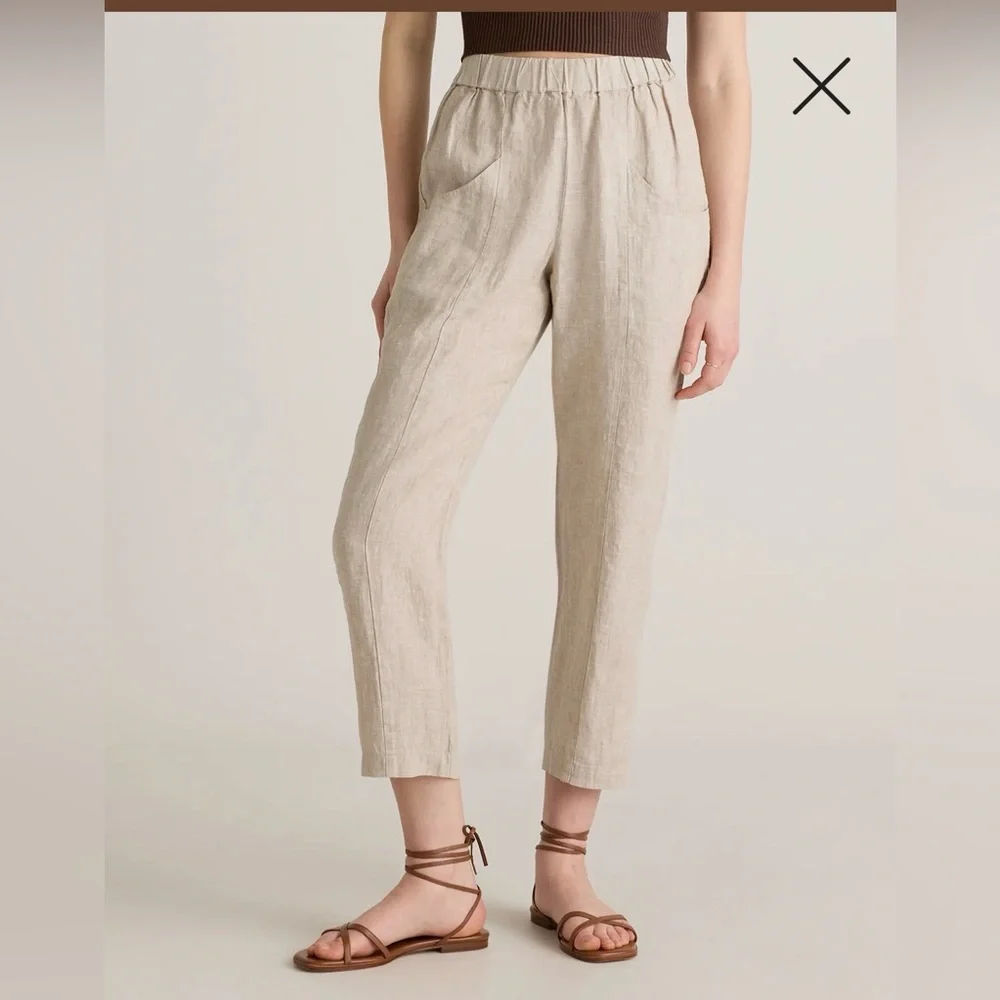 Quince Sand European Flax Linen Tapered Ankle Pant Sz Large Elastic Waist