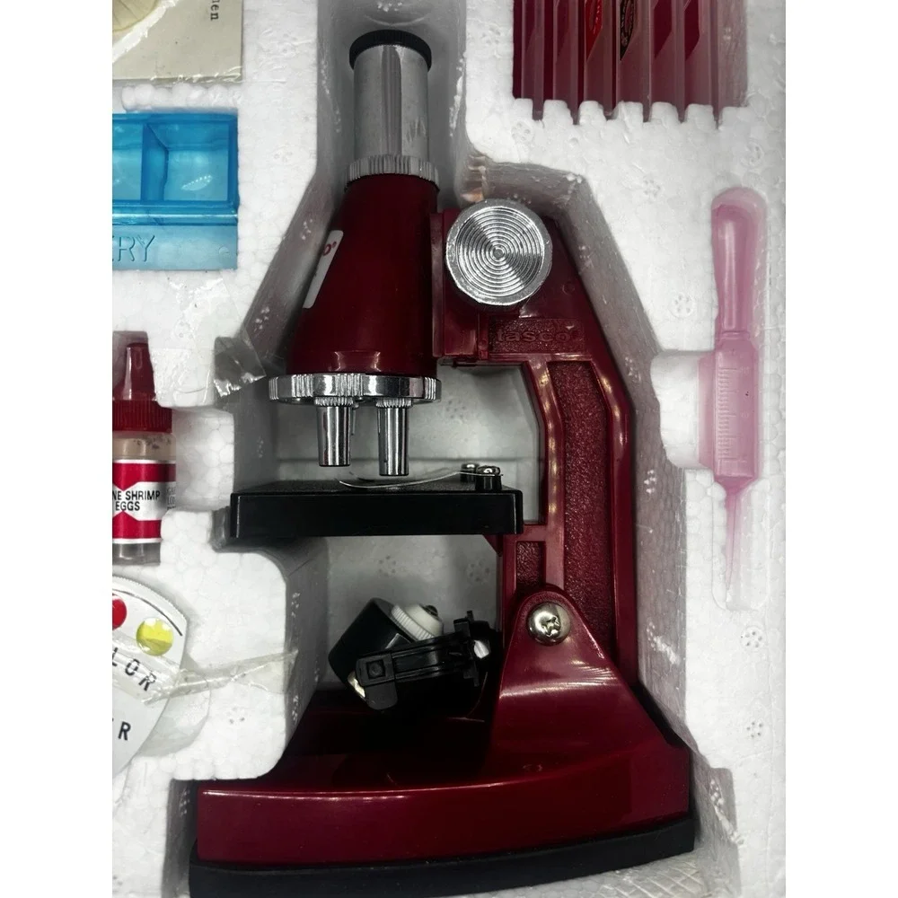 1990 Tasco Vintage Microscope 750x -butterfly Specimen, Shrimp Hatchery, Slides