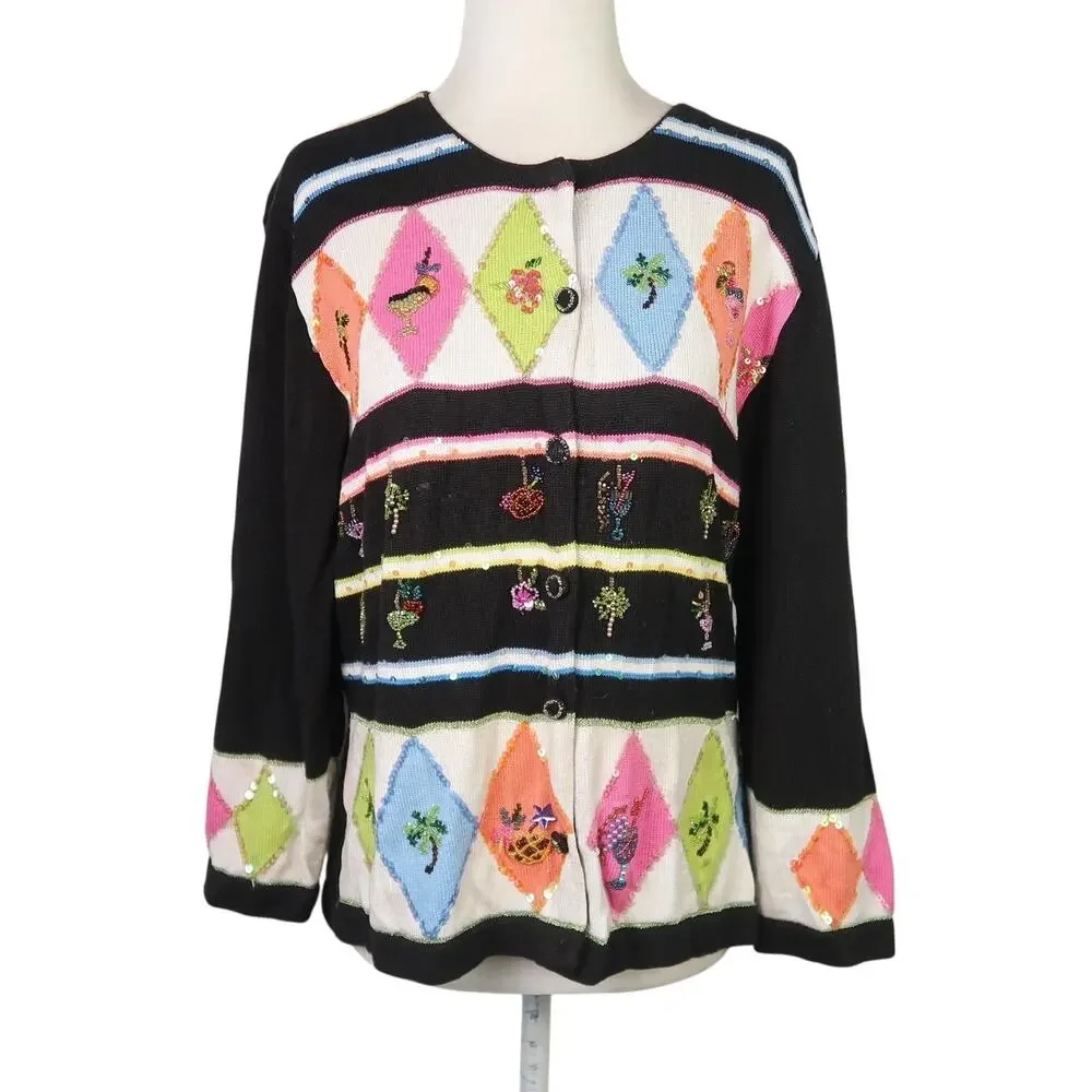 Vintage 90s Just B Black Diamond Cocktail Drink Beaded Cardigan Sweater L