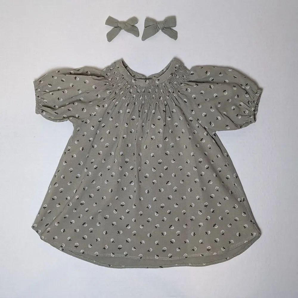 Rylee & Cru Kyleen Dress Scatter & Matching Bows Size 18/24m Laurel Green Color
