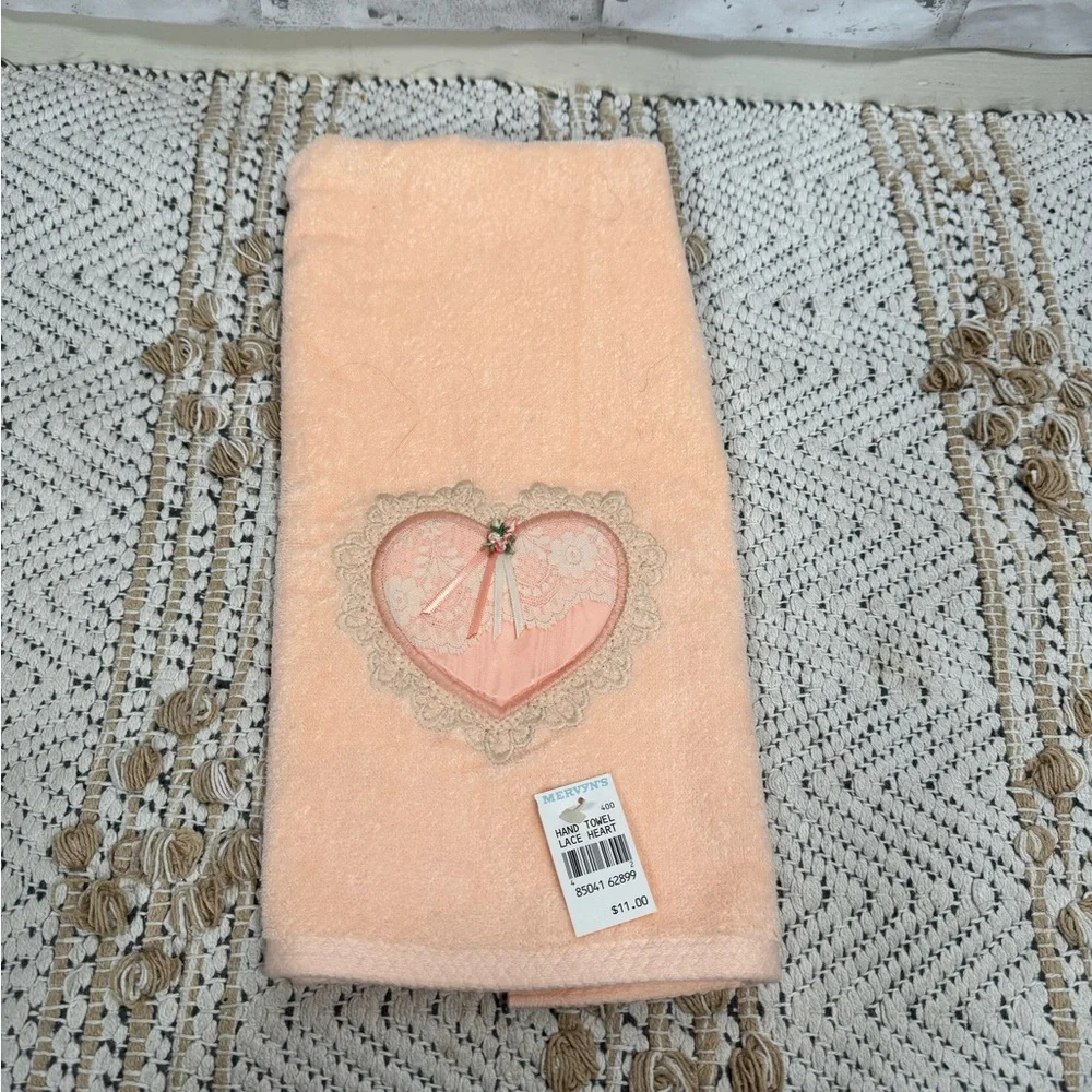 Vintage Peach Pink Lace Heart Hand Towel