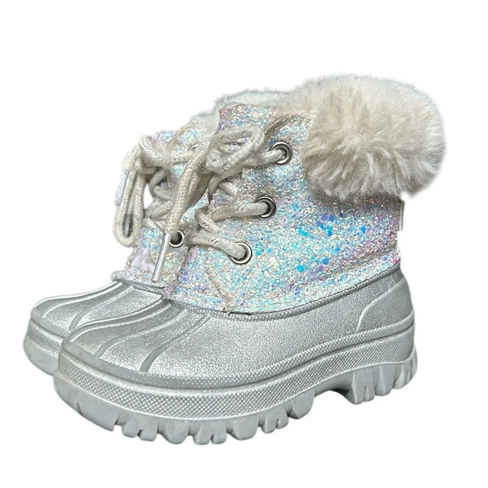 London Fog Girls Lil Tadley White Glitter Faux‎ Fur Winter Snow Boots Glam 7