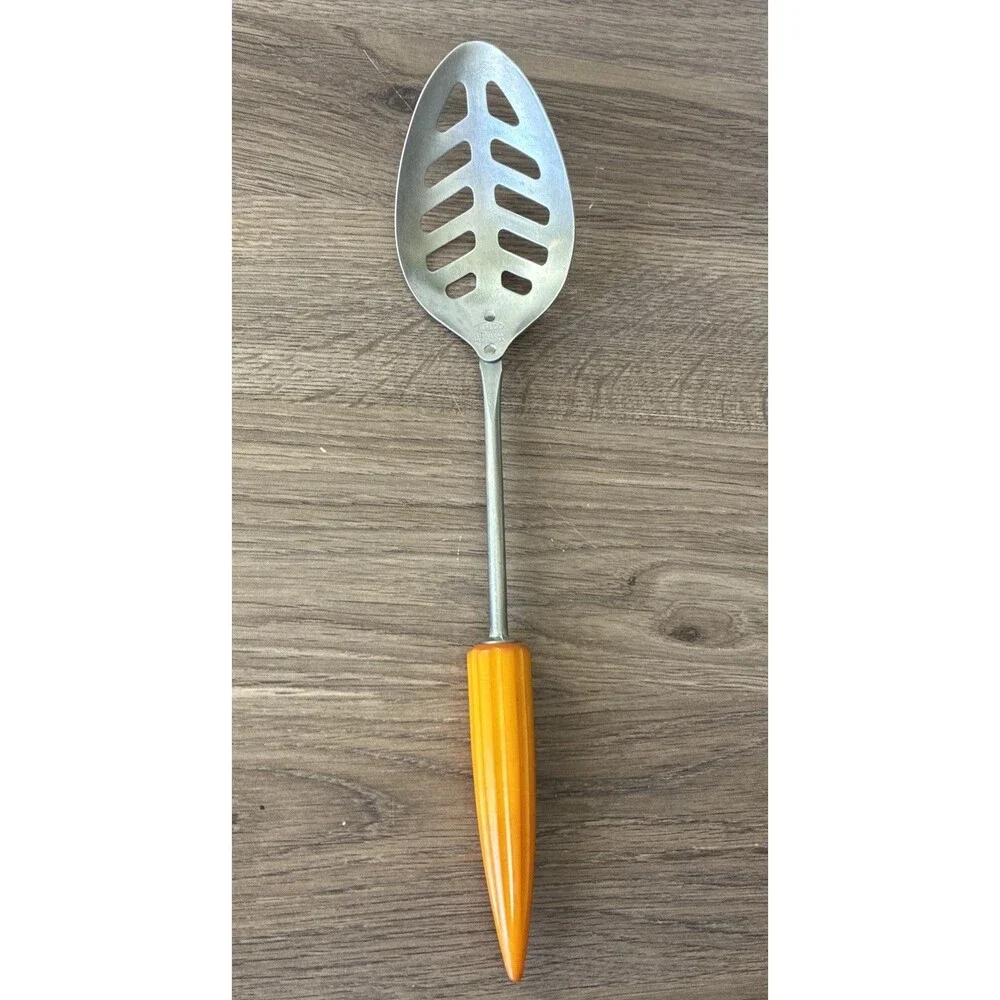 Vtg Androck Slotted Serving Spoon, Catalin Bullet Handle Stainless, USA, 1930s