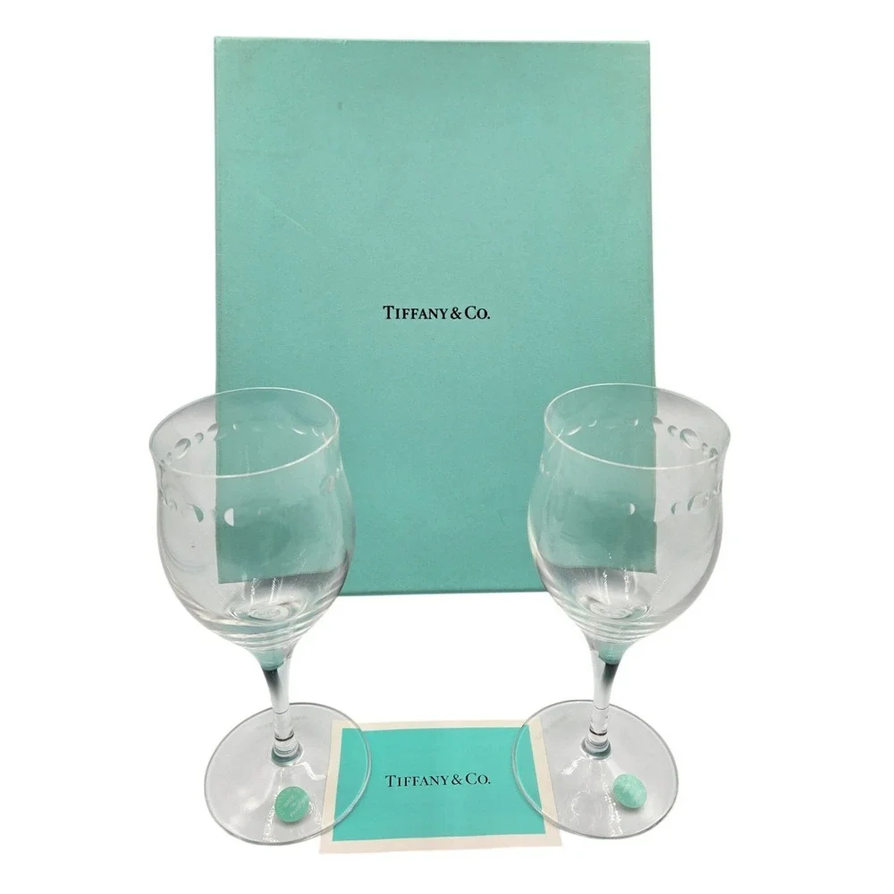 Tiffany & Co NEW Crystal Wine Glasses Set of 2 Etched Platinum Band Gift Boxed