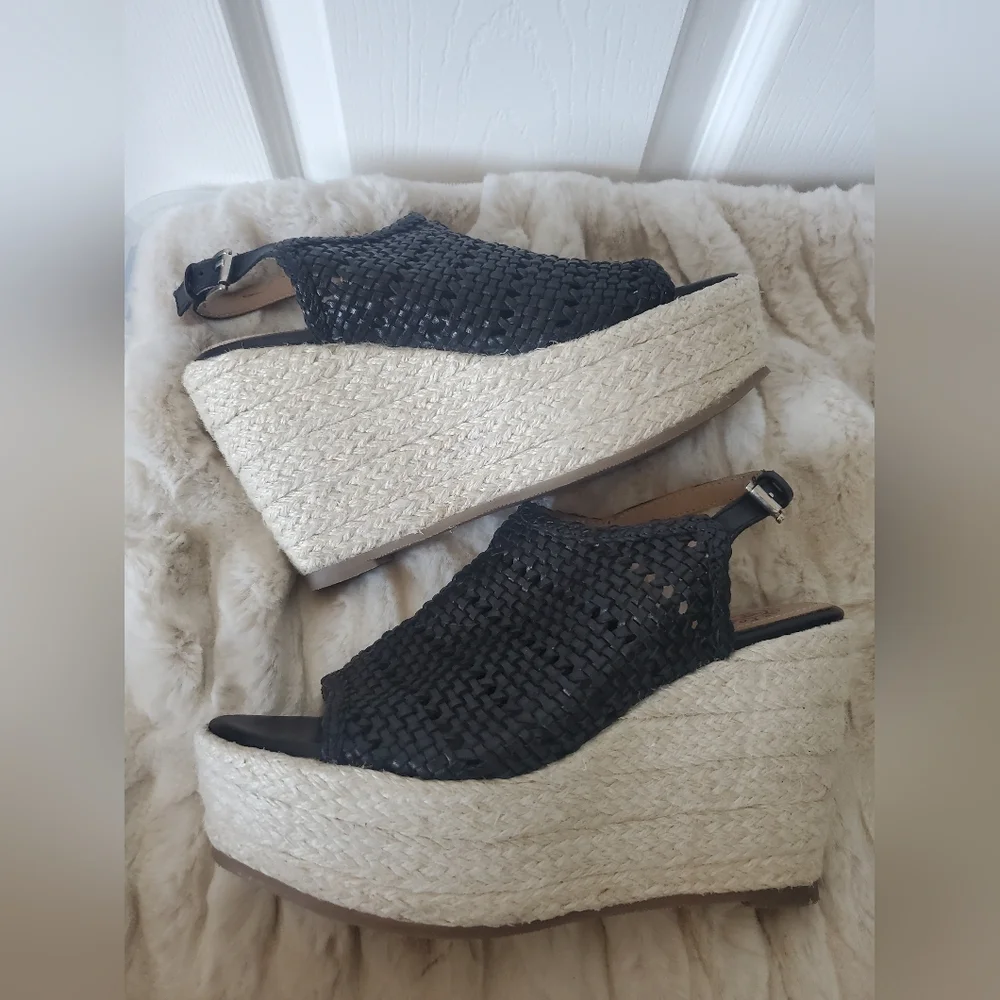 Black Leather Peep Toe Wedge Espadrilles