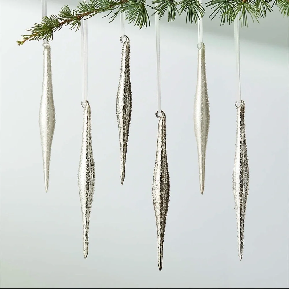 Crate&Barrel CB2 Textured Metallic Glass Icicle Ornaments Set of 6