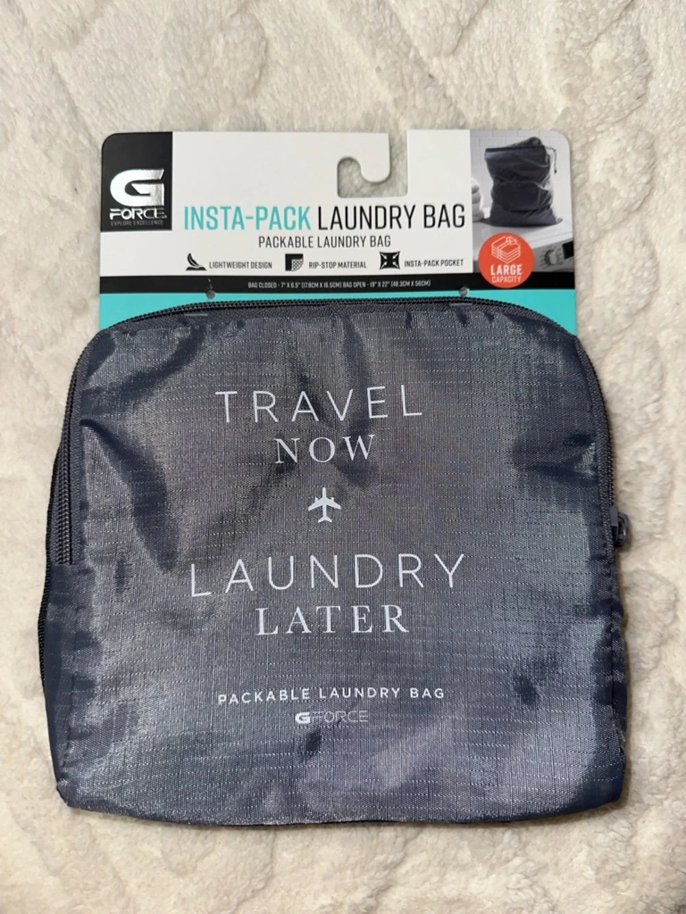 GFORCE Gray White “Travel Now Laundry Later” Zip Foldable Travel Laundry Bag