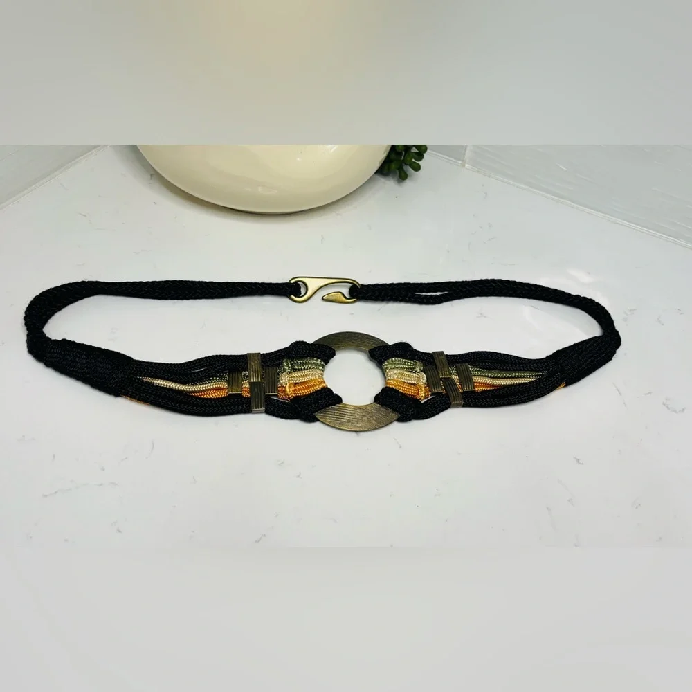 Vintage 80s Mixed Metallic Braided Cord Belt Earth Tones Hook Buckle