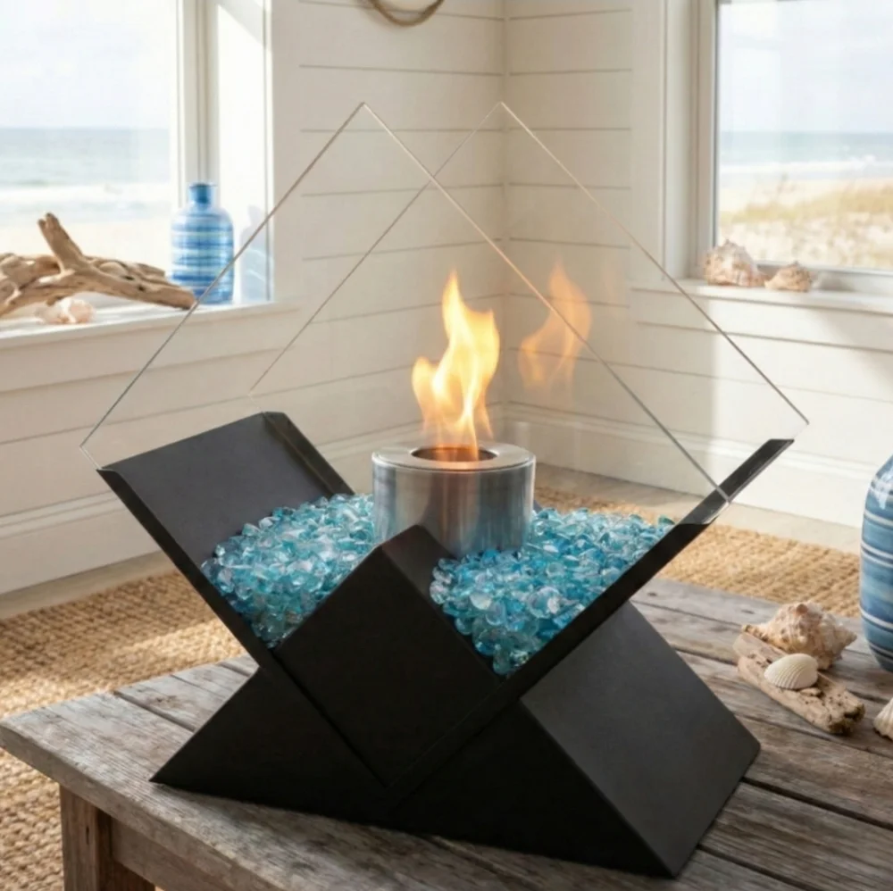 The Posh Prism Tabletop Fireplace Aqua Blue Fireglass - FREE SHIPPING!!