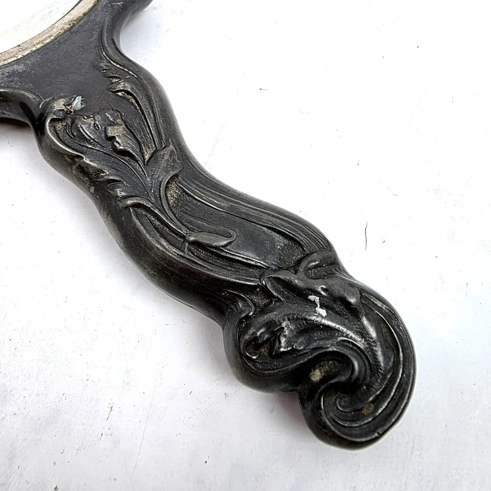 Vintage Art Nouveau Repousse Handheld Mirror Bevelled Glass 10