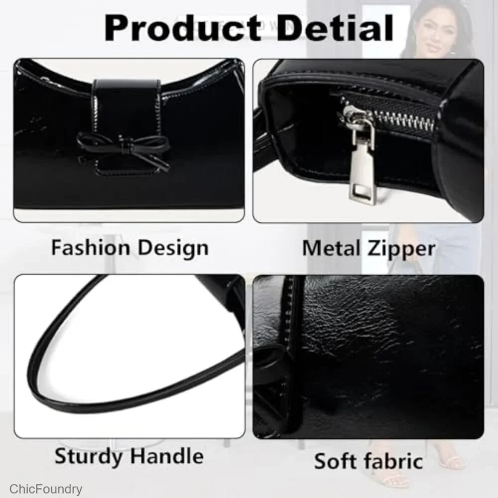 Patent Leather Hobo Shoulder Bag with Bow Detail, Zipper Closure