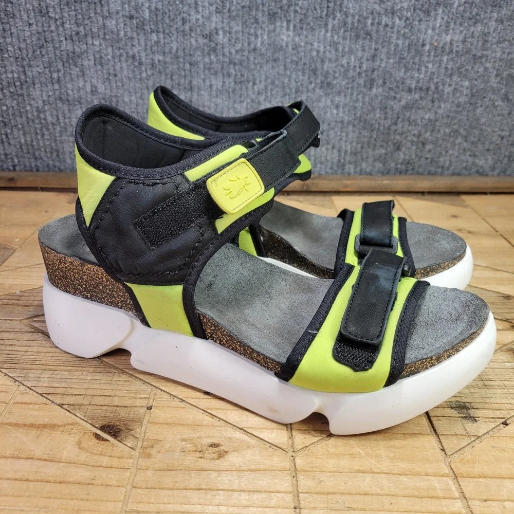 New Fly London Sigo Black Pistachio Wedge Platform Sandals‎ 41 10 - 10.5