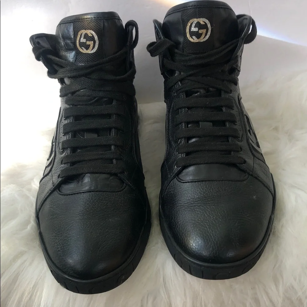Gucci Men's Black Leather Sneakers Size 6.5 Black High Lace Up Sneakers w/COA