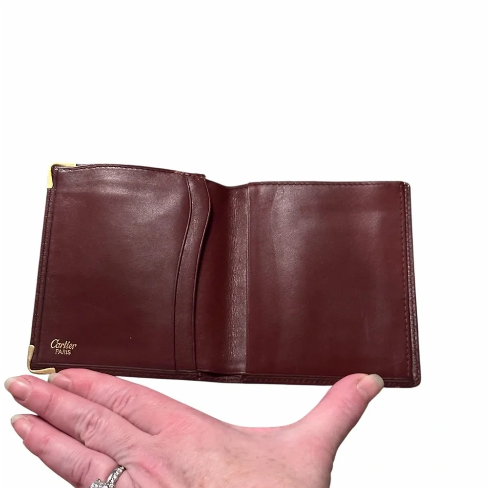 Vintage Cartier Burgundy Leather Men's Wallet with Gold Corner Accents