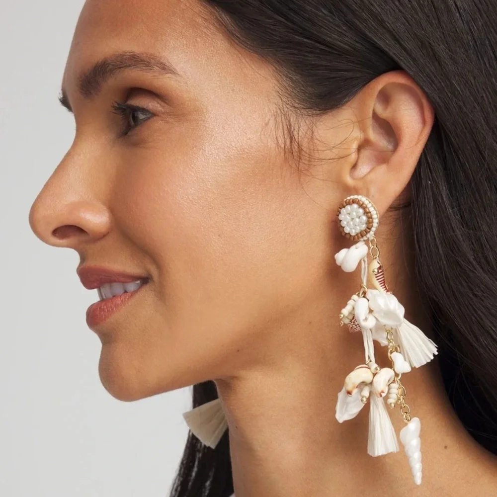 Chico’s No Droop Shell & Raffia Statement Earrings New