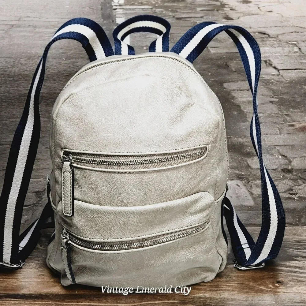 Faux Leather Gray Backpack Blue And White Belt Straps Travel Work Unisex READ