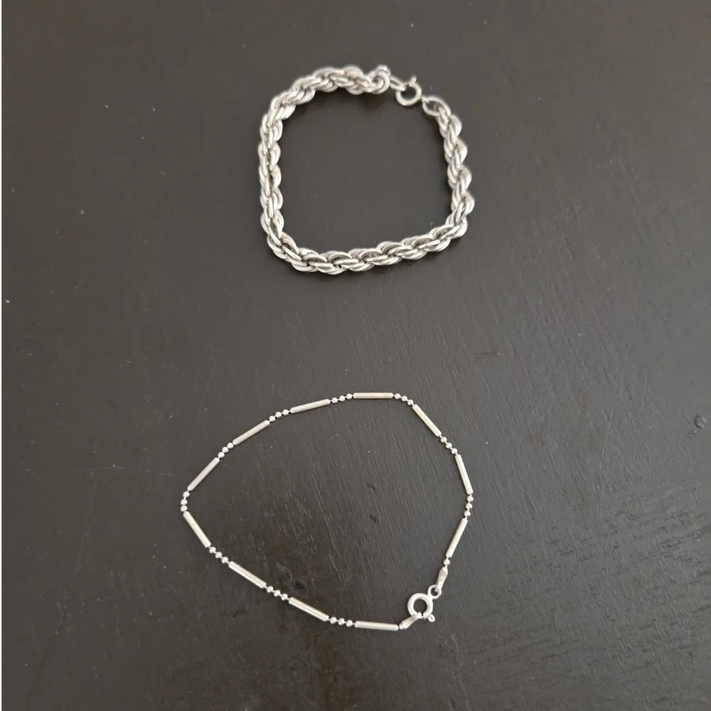 Silver Bracelet Set Rope Chain and Bar Bead Link 7.25-7.5 Inch 2 Piece