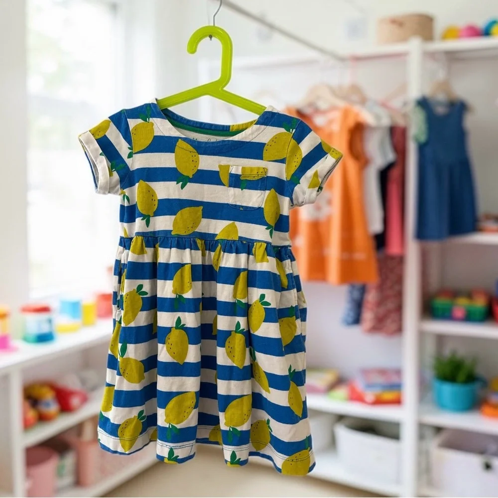 Mini Boden Girls Lemon Print Dress Blue White Striped Summer Outfit Cute Sz 4-5