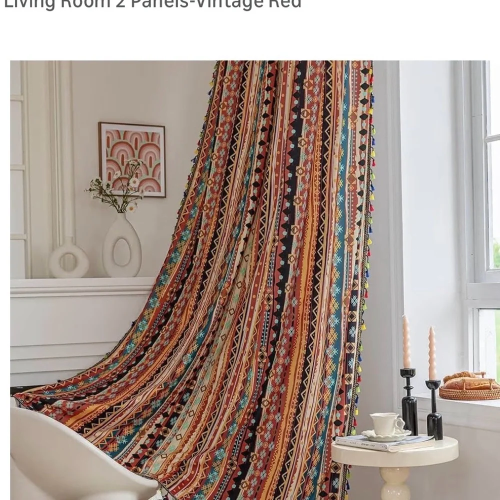 Striped Boho Window Curtains in Rust, Cream & Blue (5 panels)