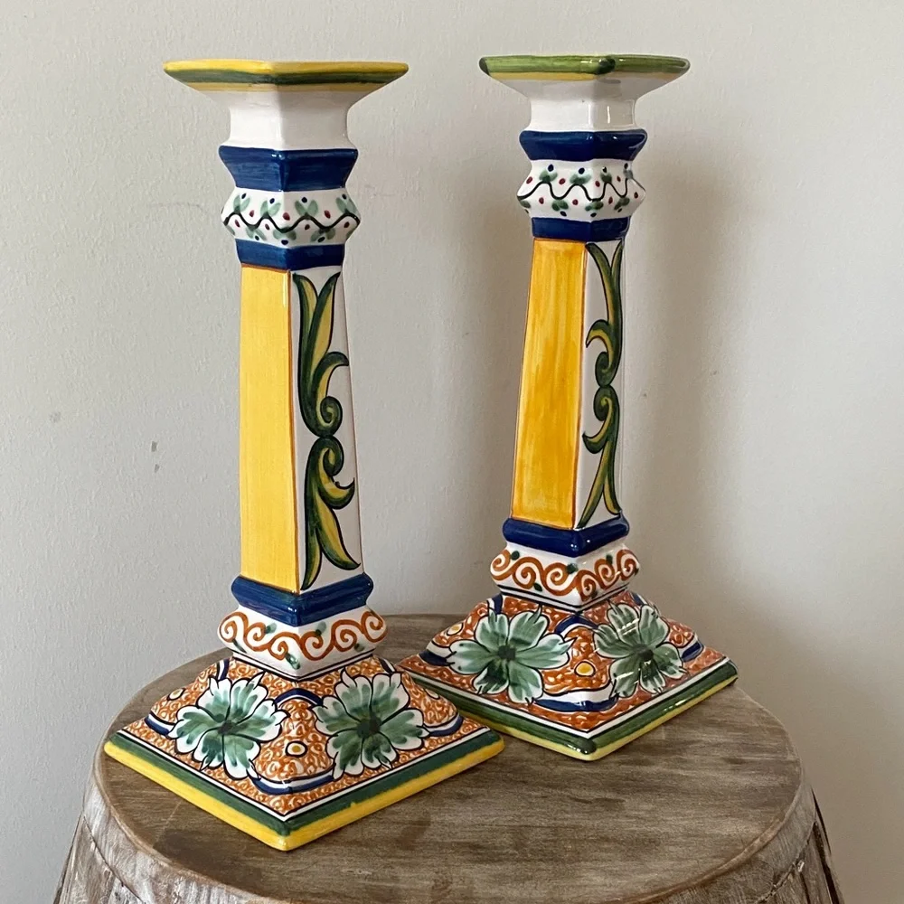 Williams Sonoma Nazari Alhambra Hand Painted Ceramic Candle Holder Pair 10.5”