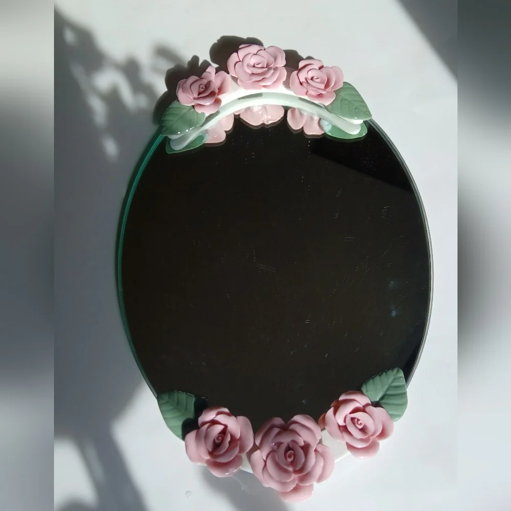 Vintage Pink Rose Decorative Tray with Green Leaves