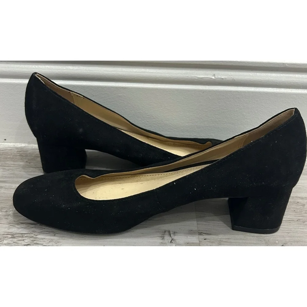 Liz Claiborne Womens Black Faux Suede Round Toe Block Heel Pumps Classic 9.5