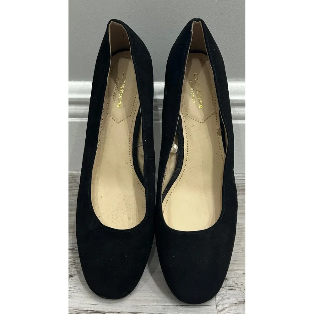 Liz Claiborne Womens Black Faux Suede Round Toe Block Heel Pumps Classic 9.5