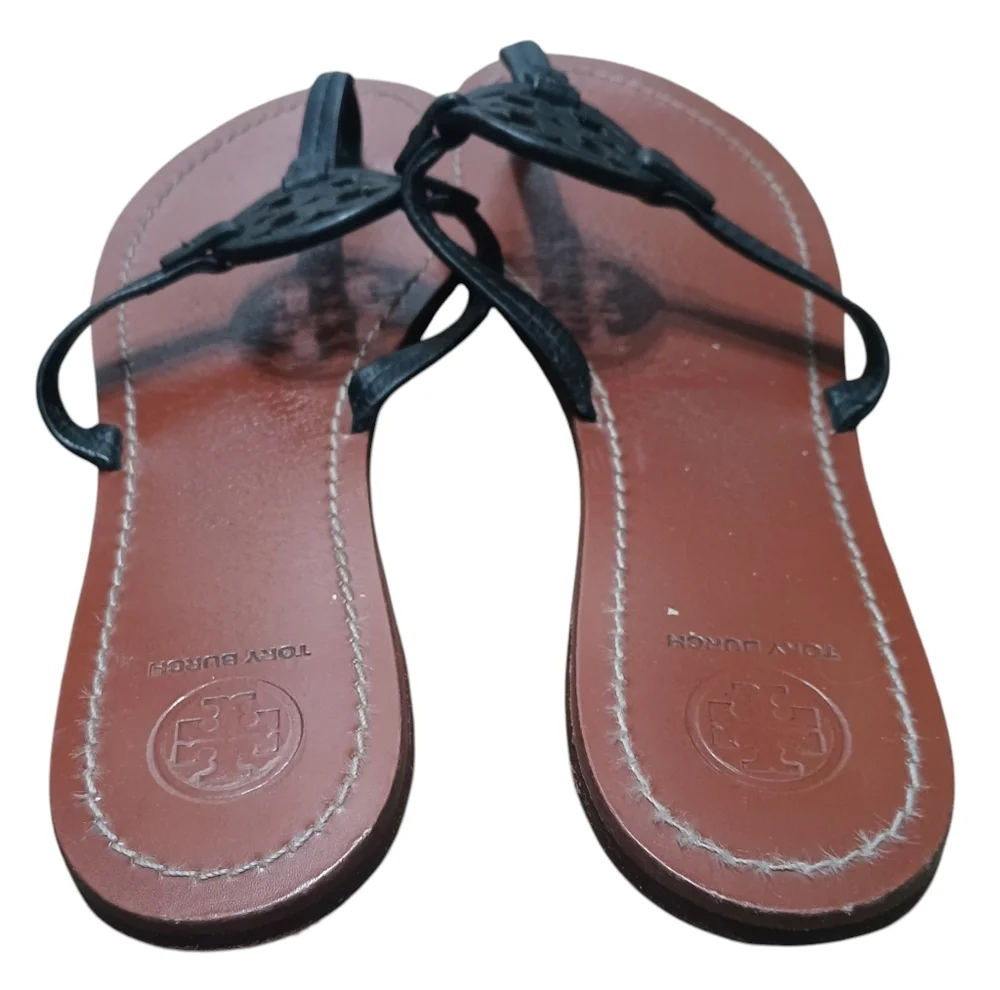 Tory Burch Miller Leather Thong Flat Sandals Women's Size 9 Black Brown Iconic