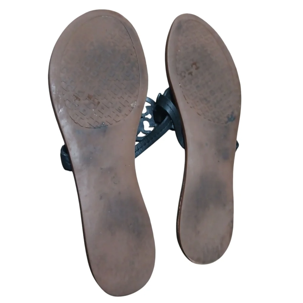 Tory Burch Miller Leather Thong Flat Sandals Women's Size 9 Black Brown Iconic