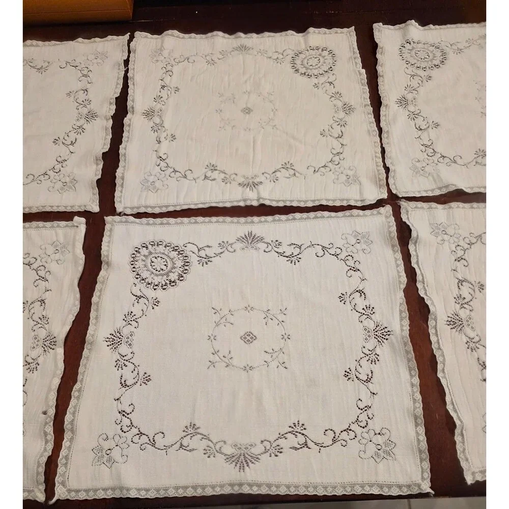Vintage Cotton Cutwork Napkins Lace Floral Pattern Set of 6 - 14