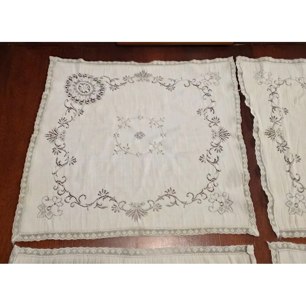 Vintage Cotton Cutwork Napkins Lace Floral Pattern Set of 6 - 14