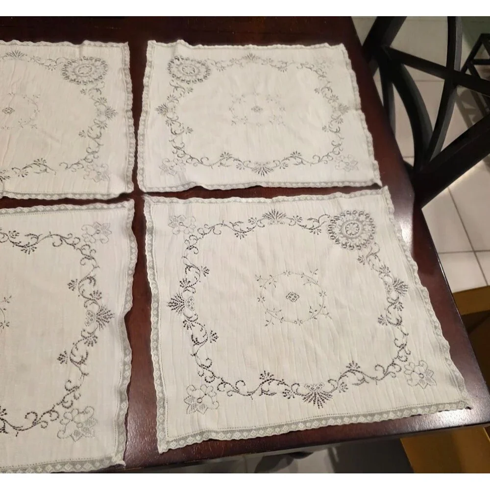 Vintage Cotton Cutwork Napkins Lace Floral Pattern Set of 6 - 14